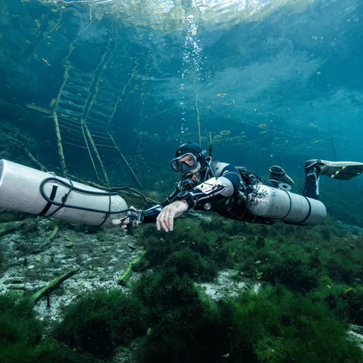 Cave diver laying line